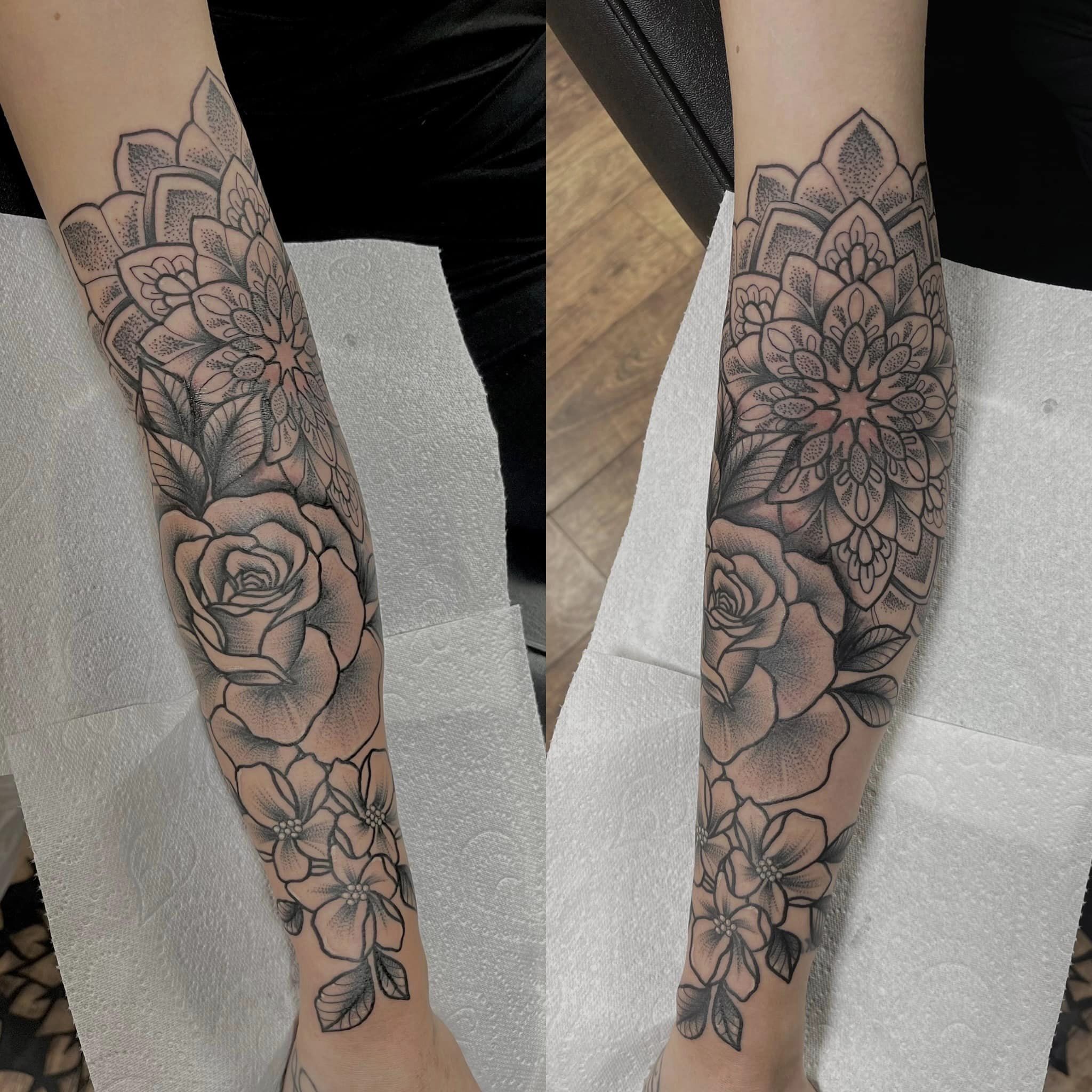 2 images of a floral arm tattoo